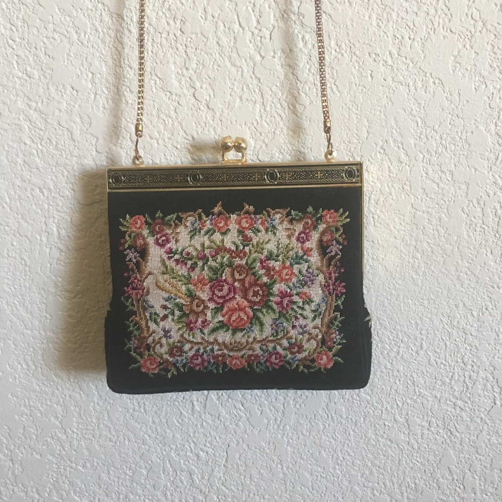 Vintage Embroidered Black And Gold Crossbody Purse